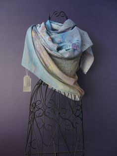 This scarf is a subdued blend of baby blues with a touch of cream and white. This design is a custom print from my original painting Inception I loved you from day one. FABRIC and STYLING:  85% Modal 15% Silk - A luxurious blend of natural fabrics which is light enough to wear as a summer shawl and cozy enough to wrap around your neck in the winter. My scarves are the perfect weight and length to wear in many different styles and can also be worn as a head wrap.  This fabric blend is extremely s Unique Shawl, Scarf Packaging, Summer Shawl, Artist Fashion, Fabric Scarf, Art Scarves, Fashion Scarf, Baby Blues, Designer Scarves