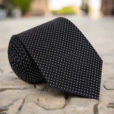 A Black Small Geometric Diamond With Small Dots Pattern Silk Necktie Black Neckwear With Ties For Business, Black Ties Neckwear For Black-tie Events, Black Neckwear With Ties For Black-tie Events, Elegant Black Neckwear For Business, Black Elegant Neckwear For Black Tie Occasion, Elegant Black Neckwear For Black Tie, Elegant Black Neckwear For Black Tie Events, Black Standard Tie For Party, Classic Black Neckwear For Party