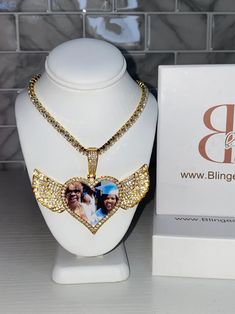 Custom Wing Necklace – BlingedbyB Baby Necklace, Picture Necklace, Heart Pictures, Wing Necklace, Gold Circle, Be Careful, Rope Chain, Gold Plating, Amazing Jewelry