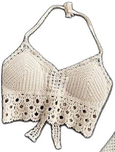 Fitted Beige Beachwear Top, Fitted Beige Top For Beachwear, Beige Fitted Top For Beachwear, Casual Beige Halter Top For Beach, Beige Triangle Top For Vacation, Fitted Cotton Halter Top For Vacation, Beige Fitted Halter Top For Beach Season, Beige Stretch Crochet Top For The Beach, Beige Stretch Crochet Top For Vacation