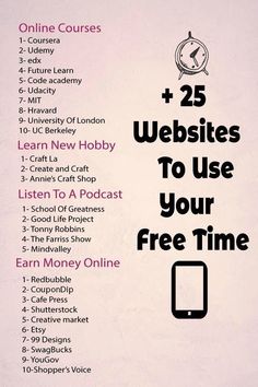 a poster with the words 25 web sites to use your free time on it's side