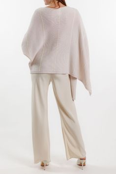 TN15F22 - 100% Cashmere (58% cashmere / 42% recycled cashmere) - Long sleeve with rib cuff - Poncho style sleeve - Weave stitch detail - Textured stripe detail - Relaxed fit - Also available in the color Woodland - Model is 5'9" wearing a size Small Winter Cashmere Sweater In Neutral Color, Neutral Cashmere Sweater For Winter, Spring Merino Wool Outerwear With Ribbed Cuffs, Cream Cashmere Sweater For Loungewear, Spring Cashmere Outerwear With Ribbed Cuffs, Spring Cashmere Ribbed Outerwear, Spring Ribbed Cashmere Outerwear, Winter Cashmere Tops With Ribbed Cuffs, Chic Cashmere Outerwear With Ribbed Cuffs