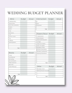 the wedding budget planner is shown in black and white, with an image of a flower on