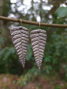 two silver leaf shaped earrings hanging from a branch in front of some trees and leaves