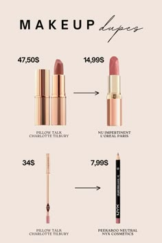 Makeup dupes, lipstick dupes, pillow talk dupes, charlotte tilbury dupes, nude lipstick, pillow talk charlotte tilbury, dupe for pillow talk lipstick, dupe for pillow talk lip pencil, makeup product dupes, drugstore dupes, drugstore makeup dupes, affordable makeup dupes, afforable dupes, splurge or save, splurge or save makeup, best nude lipstick Pillow Talk Charlotte Tilbury, Lipstick Pillow Talk, Loreal Lipstick, Charlotte Tilbury Lipstick, Daily Beauty Tips, Makeup Accesories, Beauty Habits, Makeup Product