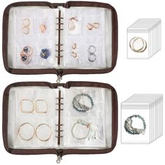 two open cases with jewelry and bracelets in them next to each other on a white background