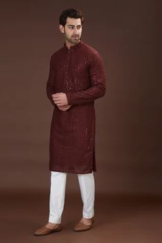 Shop for Kasbah Wine Georgette Sequin And Chikankari Work Kurta for Men Online at Aza Fashions Wine Kurta For Men, Sequin Kurta Men, Chikankari Work, Innocent Love, Wedding Card Frames, Kurta For Men, Kurta Men, Kurta Set For Men