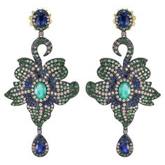 8.75 Cttw. Sapphire, Emerald, Tsavorite, Kyanite and Diamond Earrings Luxury Green Multi-stone Earrings, Green Emerald Multi-stone Earrings, Peacock Colors, Diamond Dangle Earrings, Black Rhodium, Diamond Clarity, Ring Necklace, Floral Motif, Pear Shaped