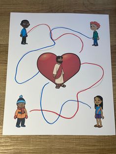 an image of a heart with people around it on a wooden table and in the background, there is a drawing of a man holding a woman's hand