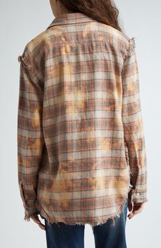 Shredded seams and frayed trim bring the label's signature rebellious edge to an oversized cotton-flannel shirt patterned with bleach-splashed plaid. 30" length (size Medium) Front button closure Spread collar Long sleeves with button cuffs Chest patch pocket Curved hem 100% cotton Machine wash, dry flat Imported Designer Clothing Distressed Button-up Tops For Fall, Fall Acid Wash Top With Frayed Hem, Faded Button-up Fall Top, Faded Button-up Top For Fall, Fall Frayed Hem Button-up Tops, Fall Button-up Tops With Frayed Hem, Distressed Button-up Shirt For Fall, Distressed Long Sleeve Shirt Relaxed Fit, Fall Relaxed Fit Pre-washed Shirt