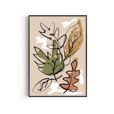 an abstract painting with leaves on it in beige, green and orange colors is featured against a white background