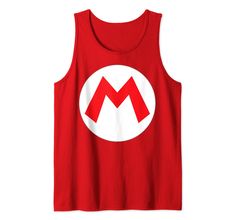 a red tank top with the letter m in white and an orange circle on it