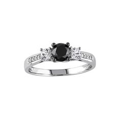 RING DETAILS Width: 6 mm Metal: 10k white gold, black rhodium-plated 10k white gold DIAMOND DETAILS Total weight: 4/5 ct. Center stone weight: 3/4 ct. Cut: round Color: black, white Color grade: G-H Clarity: I2-I3 Setting: prong, pave STONE DETAILS Stone type: lab-created white sapphire Total weight: 1/3 ct. Cut: round Setting: prong Image(s) may be enlarged to show detail.Diamond weights are approximate. Diamond total weights may vary between .01 and .08 ct. Some diamonds have fewer than 17 fac Elegant Black Diamond Ring With Vvs Clarity, Black Diamond Ring With Diamond Accents For Wedding, Classic Black Wedding Ring With Prong Setting, Black Diamond Wedding Ring With Diamond Accents, Black Diamond Wedding Ring With Accents, Classic Black Diamond Ring With Round Band, Diamond White Ring With Black Diamonds, White Gold Diamond Ring With Black Diamonds, Fine Jewelry Diamond White Ring With Black Diamonds