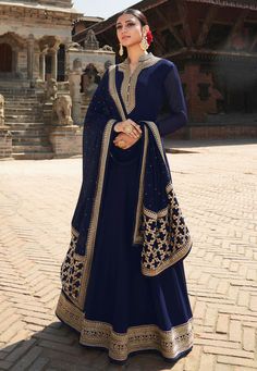 Navy blue georgette abaya style anarkali suit 22306  Desc:  Style : Long Anarkali Suits Color : Navy Blue Fabric : Georgette Work : Embroidery Wash Care : Dry clean Sleeve Style : Full Sleeve Long Sleeves : Done only in Custom Stitch Sleeves Lining : Done only in Custom Stitch Bust Size : 32 to 42 Inches Occasion : Wedding   Christmas   Eid   Mehendi   Sangeet   Engagement   Reception   Ceremonial. With Express Free Shipping and Custom Stitching, Buy Eid Special Sharara Party wedding wear anarka Bridal Anarkali Suits, Bridal Anarkali, Orang India, Silk Anarkali Suits, Blue Anarkali, Long Anarkali, Designer Anarkali Suits, Suit Salwar, Embroidered Anarkali