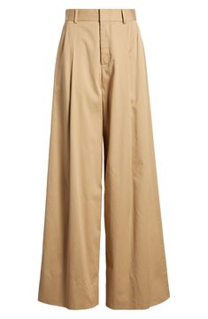 A pleated front adds casual elegance to these staple pants fashioned from comfortable stretch cotton with a high waist and wide legs. 32" inseam; 25" leg opening; 14 1/2" front rise Zip fly with hook-and-bar closure On-seam pockets; back welt pockets 98% cotton, 2% elastane Dry clean or machine wash, tumble dry Imported Beige Pleated Bottoms For Daywear, Chic Pleated Cotton Wide Leg Pants, Chic Cotton Pleated Wide Leg Pants, Brown Pleated Wide-leg Bottoms, Brown Pleated Wide Leg Bottoms, Chic Brown Cotton Wide Leg Pants, Brown Wide-leg Chinos For Workwear, Neutral Cotton Wide Leg Pants For Work, Wide Leg Brown Chinos For Work