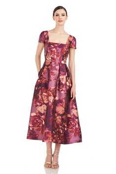 Floral Tea Length Dress, Kay Unger Dresses, Tea Length Dress, Kay Unger, Printed Pleated Skirt, Midi Cocktail Dress, Tea Length Dresses, Pageant Dresses, Groom Dress