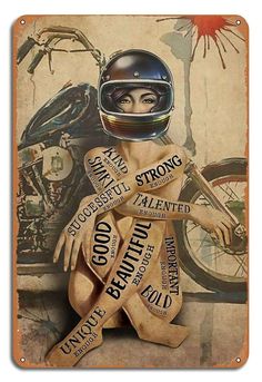 a painting of a woman sitting on the ground next to a motorcycle with words written all over her body