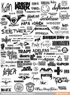 a poster with many different types of logos and words on it, all in black and white