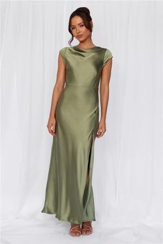 Length from shoulder to hem of size S: 143cm.  Chest: 39cm, Waist: 34cm, across front only of size S.  Maxi dress.  Lined.  Model is a standard XS and is wearing size XS.  True to size.  Non-stretch.  Luxurious satin.  High cowl neckline.  Cap sleeve.  Tie to back.  Twist back with cutout.  Split to skirt.  Straight, flowy silhouette.  Zipper with hook eye closure.  Cold hand wash only.  Polyester.   This material is very delicate. Please handle with care.    Please Note: This product is a Hello Molly Exclusive.    Step into a world of enchantment with Hello Molly's newest bridesmaid collection, Wedding Parlour.  Introducing a captivating style, designed with a high cowl neckline and delicate cap sleeves, evoking timeless elegance and femininity. The tie-back feature adds a charming touch, Olive Green Bridesmaid Dresses, Sage Green Bridesmaid Dress, Skirt Straight, Sage Green Dress, Olive Green Dresses, Guest Attire, Green Bridesmaid, Green Bridesmaid Dresses, Wedding Attire Guest