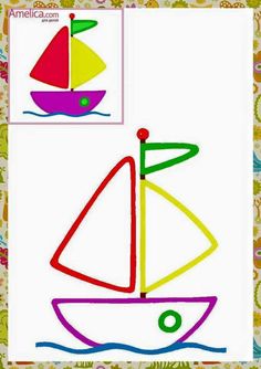 a drawing of a sailboat with colorful sails on it's front and side