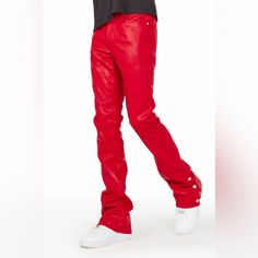 Men’s Red Leather Stacked Pants - Size 36 Red Casual Pants With Five Pockets, Casual Red Pants With Five Pockets, Red Pants With Five Pockets For Fall, Red Five-pocket Pants For Fall, Casual Red Five-pocket Pants, Red Bottoms For Streetwear In Fall, Red Fall Pants With Five Pockets, Red Fitted Streetwear Pants, Fitted Red Pants For Streetwear