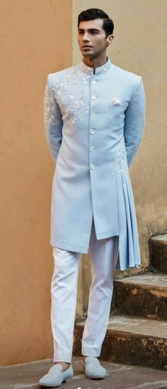 Details : Color - sky blue  Any Color you may ask for...(We can make it)  Fabric important Fabric  Work Details ;Embroidery Bottom Details -white- Pajama Package Include : Top , Bottom,, All others accessories are for photography purpose only . Just the Top and bottom available . Color variation may be there slightly , due to computer resolution and camera . Sky Blue Sherwani For Groom, Luxury Silk Sherwani, Luxury Off-white Bandhgala For Eid, Men Bridal Wear Indian, Sherwani Latest Design, Sky Blue Sherwani For Men, Sky Blue Groom Suit, Luxury Art Silk Sherwani With Gota Work, Mehndi Clothes For Men