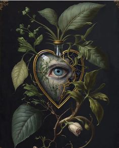 a painting of an eye in a heart surrounded by leaves and vines with a key hanging from it