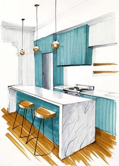 a drawing of a kitchen with two stools in front of the counter and an island