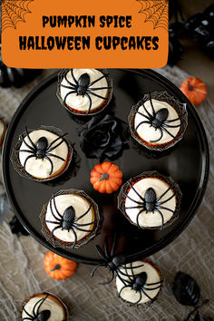 Halloween themed pumpkin spiced cupcakes decorated for Halloween perfect for halloween parties. Halloween Party At Home, Spooky Recipes, Halloween Core, Easy Halloween Party Food, Apple Treats, Halloween Snack Mix, Cupcakes Halloween, Spider Cupcakes, Fall Board