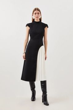 Tailored Crepe High Neck Side Pleat Detail Midi Dress Petite Midi Dress, Outfits For Mexico, Spring Wedding Guest Dress, Black Pencil Dress, Petite Business Casual, Eid Outfits, Petite Skirt, Bandeau Dress, Tailored Dress