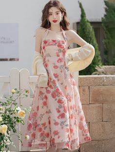 Size: L Spring Chiffon Beach Dress, Spring Chiffon Dress For Garden Party, Chic Summer Chiffon Dress For Garden Party, Spring Party Floral Print Chiffon Dress, Spring Party Chiffon Dress With Floral Print, Spring Party Floral Chiffon Dress, Spring Floral Print Chiffon Dress, Feminine Sleeveless Chiffon Dress For Spring, Feminine Sleeveless Chiffon Dress For Garden Party