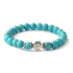 PRICES MAY VARY. 【Turquoise Gemstone Bracelet】: This bold and vibrant bohemian turquoise beaded bracelet with the chic crosses design gives you a look that is both elegant and mysterious, fully expressing your unique personal charm and making beaded bracelet the perfect day-to-night accessory. 【High Quality Material】: Made of high quality handmade turquoise,Each 8 mm bead in this pure and elegant bracelet is hand-selected and carefully polished for a perfect, comfortable experience. Please note Turquoise Bead Bracelet, Turquoise Boho, Beautiful Decoration, Elegant Bracelet, Hand Chain, Bracelets For Women, Cross Charms, Gift For Birthday, Anniversary Wedding