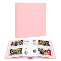 an open pink book with photos on it