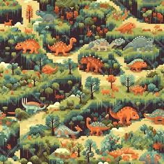 an image of dinosaurs in the forest with trees and bushes on it's sides