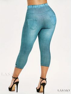 Lasaky - Spring/Summer Womens Casual Crop Leggings in Denim & Butterfly Print: A Chic Addition to Your Wardrobe Summer High Waist Pull-on Jeans, Summer Mid-rise Jeans With Elastic Waistband, Summer Stretch Pull-on Jeans, Summer Stretch Capris With Pockets, High-waist Stretch Jeans For Summer, Non-stretch Medium Wash Summer Pants, Summer Stretch Capris With Pull-on Style, Stretch Capris With Pockets For Summer, Summer Cropped Leg Jeans With Elastic Waistband