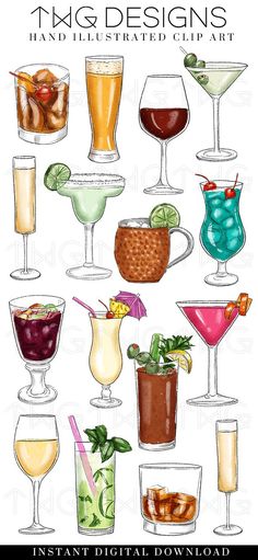 an illustrated guide to cocktails and drinks in different glasses, with the title'instant digital