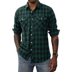 *Material: Mens Flannel Long Sleeve Shirts Are Made From High Quality Flannel, Providing You With Soft, Comfortable, And Warm Wearing Experience. There Are Two Large Button Pockets On The Chest Greatly Hold Your Phone Or Pen, Offering Alot Of Utility. *Classic Flannel Shirts: Regular Fit Button Down Shirt For Men Are Featured With Classic Buffalo Plaid Design, Which Can Match Various Styles. You Can Wear The Men Flannel Plaid Shirts Tucked Or Un-Tucked In, A T-Shirt Inside If Like, Or Just As A Plaid Cotton Flannel Shirt With Casual Collar, Casual Green Flannel Shirt With Pockets, Green Casual Flannel Shirt With Pockets, Black Collared Flannel Shirt With Buttons, Casual Flannel Shirt With Collar, Black Collared Flannel Shirt, Classic Black Flannel Shirt With Buttons, Casual Green Button-up Flannel Shirt, Black Collared Flannel Shirt With Pockets