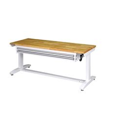 a workbench with a wooden top and metal legs on white base, against a white background