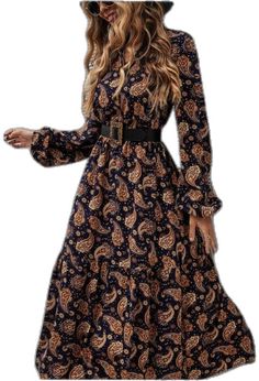 Black Paisley Print Dress For Fall, Long Sleeve Paisley Print Patterned Dress, Black Long Sleeve Dresses With Paisley Print, Black Long Sleeve Dress With Paisley Print, Flowy Long Sleeve Dresses With Paisley Print, Elegant Flowy Paisley Print Dress, Black Paisley Print Dress For Spring, Elegant Paisley Print Maxi Dress For Fall, Elegant Long Sleeve Boho Print Dress