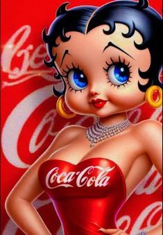 a painting of a woman in a coca cola dress with big blue eyes and red lips