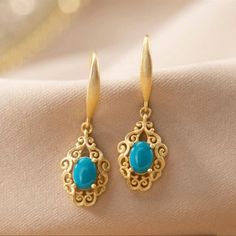 Hollow Flower Pattern With Oval Turquoise Decor Dangle Earrings Bohemian Style Copper 24k Gold Plated Jewelry Exquisite Female Gift Turquoise Decor, Turquoise Earrings Dangle, 925 Silver Earrings, Engagement Jewelry, Fine Earrings, Gold Earrings Dangle, 925 Jewelry, Turquoise Earrings, Ear Jewelry