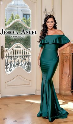 A glorious masterpiece, this off-the-shoulder long mermaid prom dress 768 is ready to party. With an off-the-shoulder ruffle, this beautiful long designer dress gets a look of romance for prom, galas, and other black-tie events. In misses and plus sizes, this long designer dress by Jessica Angel has a hip-hugging long mermaid skirt that flows into a train for a mesmerizing look. Made in the USA, this off-the-shoulder long mermaid prom dress is a captivating pick for your big celebration. Fishtail Evening Gown With Ruffles, Fishtail Gown With Ruffles For Evening, Evening Fishtail Gown With Ruffles, Evening Mermaid Dress With Ruffled Fitted Bodice, Elegant Off Shoulder Floor-length Dress With Ruffles, Elegant Off-shoulder Floor-length Dress With Ruffles, Elegant Floor-length Off Shoulder Dress With Ruffles, Fishtail Evening Dress With Ruffles For Gala, Formal Floor-length Ruffled Mermaid Dress