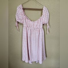 Pink Plaid Dress Feminine Gingham Dress For Day Out, Spring Pink Mini Dress For Picnic, Spring Picnic Pink Mini Dress, White Mini Dress For Picnic, White Short Sleeve Dress For Picnic, Gingham Mini Dress For Spring, Casual Gingham Dress For Day Out, Casual White Mini Dress For Picnic, Casual Pink Dress For Picnic