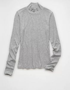 AE Soft & Sexy Long-Sleeve Mock Neck T-Shirt Gray High Neck Tops For Layering, Gray Relaxed Fit Turtleneck Top, Gray Cotton Turtleneck Top, Trendy High Neck Top With Relaxed Fit, Mock Neck And T Shirt, Mock Neck, Neck T Shirt, Women's Jeans, American Eagle Outfitters