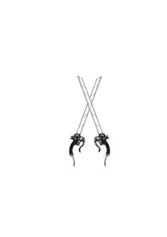 two crossed swords with black handles on each end, one holding the other's head