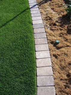 a green ball sitting in the grass next to a brick walkway and lawn with dry grass