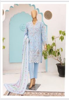 Fabric lawn  3pc shirt trousers dupatta  Printed embroidered lawn chicks kari shirt printed dupatta and plain trouser  Us Size small 38  US size medium 42  Us size large 46 Spring Semi-stitched Lawn Suit With Dupatta, Long-sleeved Lawn Suit With Dabka Work In Cambric, Long Sleeve Cambric Lawn Suit With Dabka Work, Semi-stitched Chikankari Cambric Lawn Suit, Summer Unstitched Cambric Suit With Dabka, Spring Lawn Suit With Dabka On Straight Kurta, Spring Cotton Lawn Suit With Naqshi, Summer Unstitched Cambric Suit With Dabka Details, Blue Summer Lawn Suit With Chikankari Embroidery