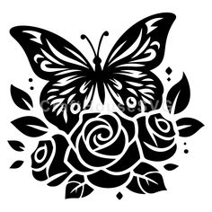 a black and white butterfly with roses