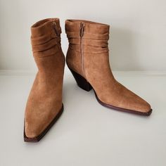 New In Box. A Slouchy Shaft And Light Burnishing Lend Modern Elements To Trendsetting Booties Framed By A Pointed Toe And Stacked Block Heel. 2 1/4" Heel 5 1/2" Shaft Leather Upper/Synthetic Lining And Sole Made In Brazil Vince Camuto, Size 8.5 #Nr-W12 Vince Camuto Wide Calf Boots, Vince Camuto Leather Boots, Vince Camuto Tan Boots, Beige Pointed Toe Mid-calf Boots Medium Width, Vince Camuto Booties, Vince Camuto Shoes, Modern Elements, Made In Brazil, Vince Camuto