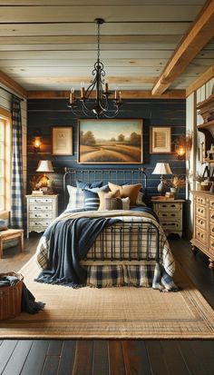 a bed room with a neatly made bed and a chandelier hanging from the ceiling